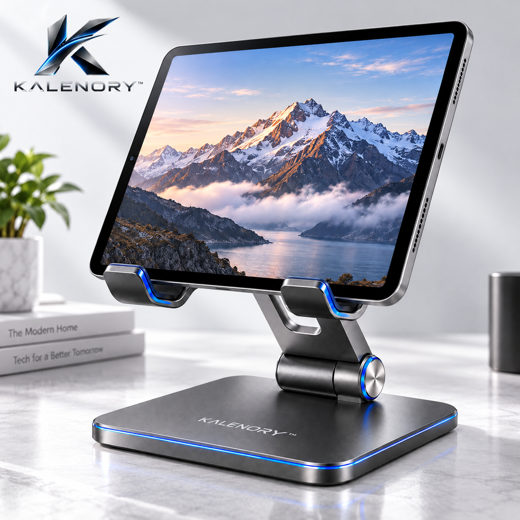 Kalrnory™ FlexView Adjustable Tablet Stand – 360° Rotating Desktop Holder for Work, Streaming, Video Calls & Everyday Use