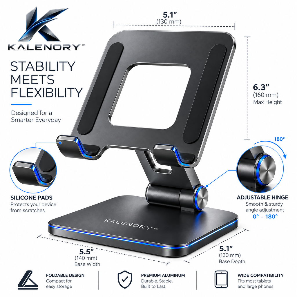 Kalrnory™ FlexView Adjustable Tablet Stand – 360° Rotating Desktop Holder for Work, Streaming, Video Calls & Everyday Use