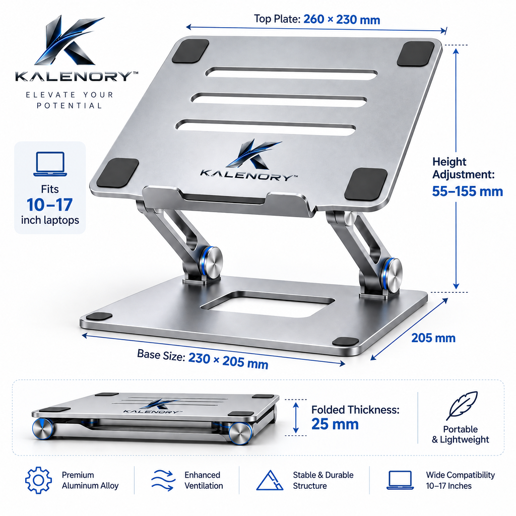 Kalrnory™ ElevateFold Adjustable Laptop Stand – Foldable Ergonomic Desktop Riser for Work, Study & Travel