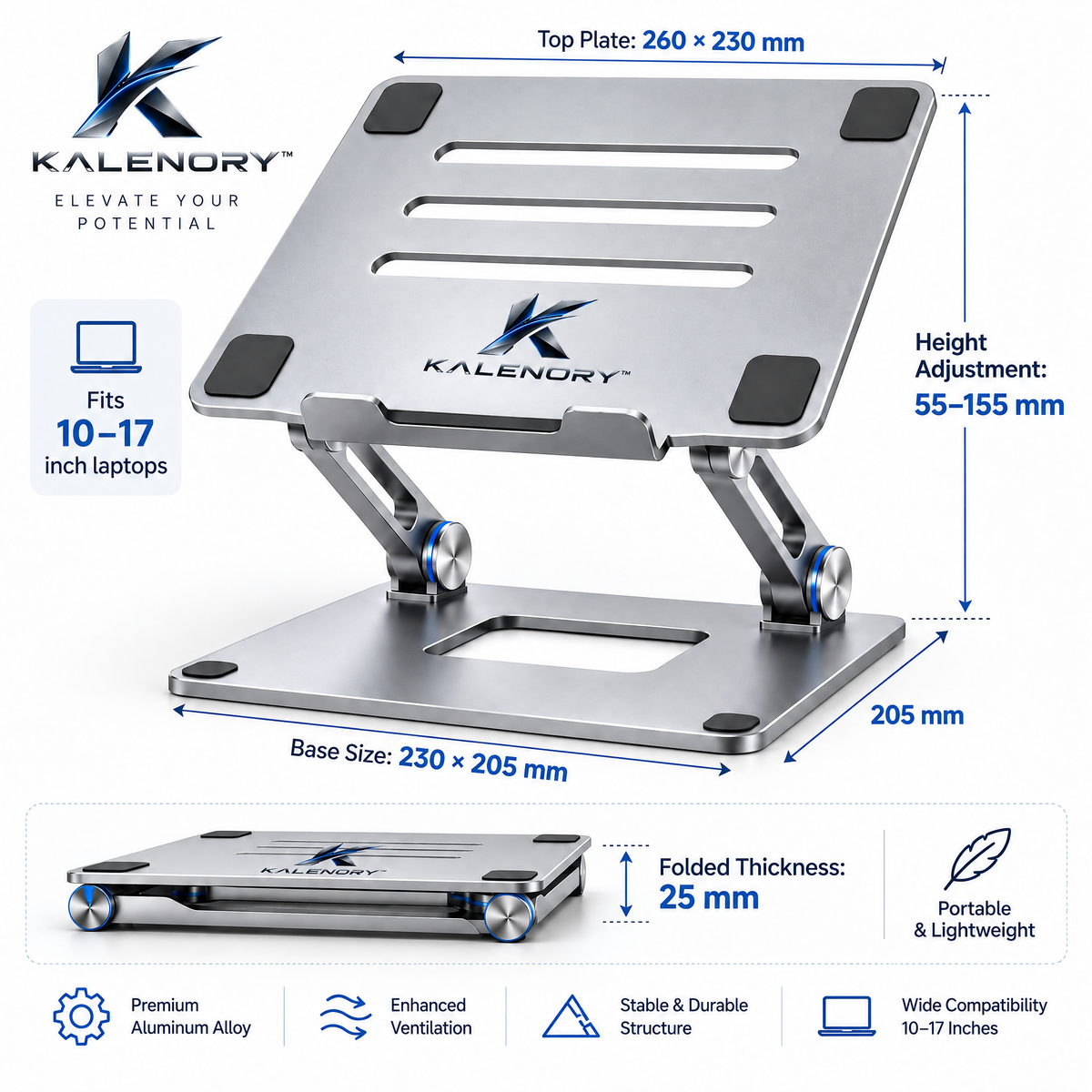 Kalrnory™ ElevateFold Adjustable Laptop Stand – Foldable Ergonomic Desktop Riser for Work, Study & Travel