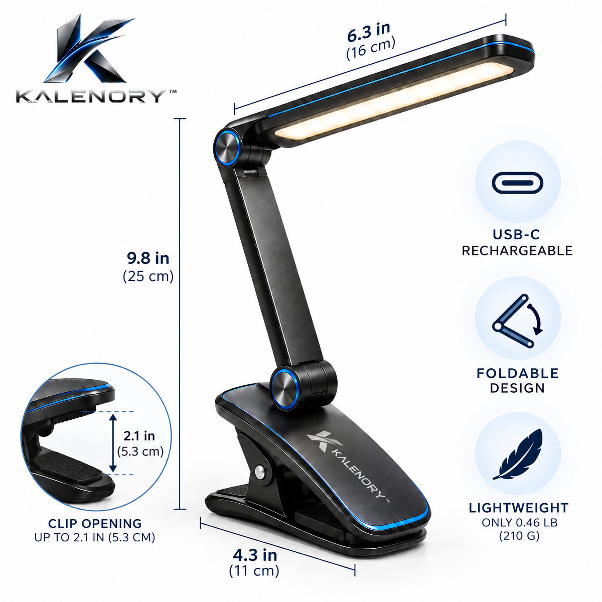 Kalrnory™ FlexBeam Portable Reading Light – Rechargeable Clip-On Book Lamp with 3 Light Tones & Adjustable Brightness
