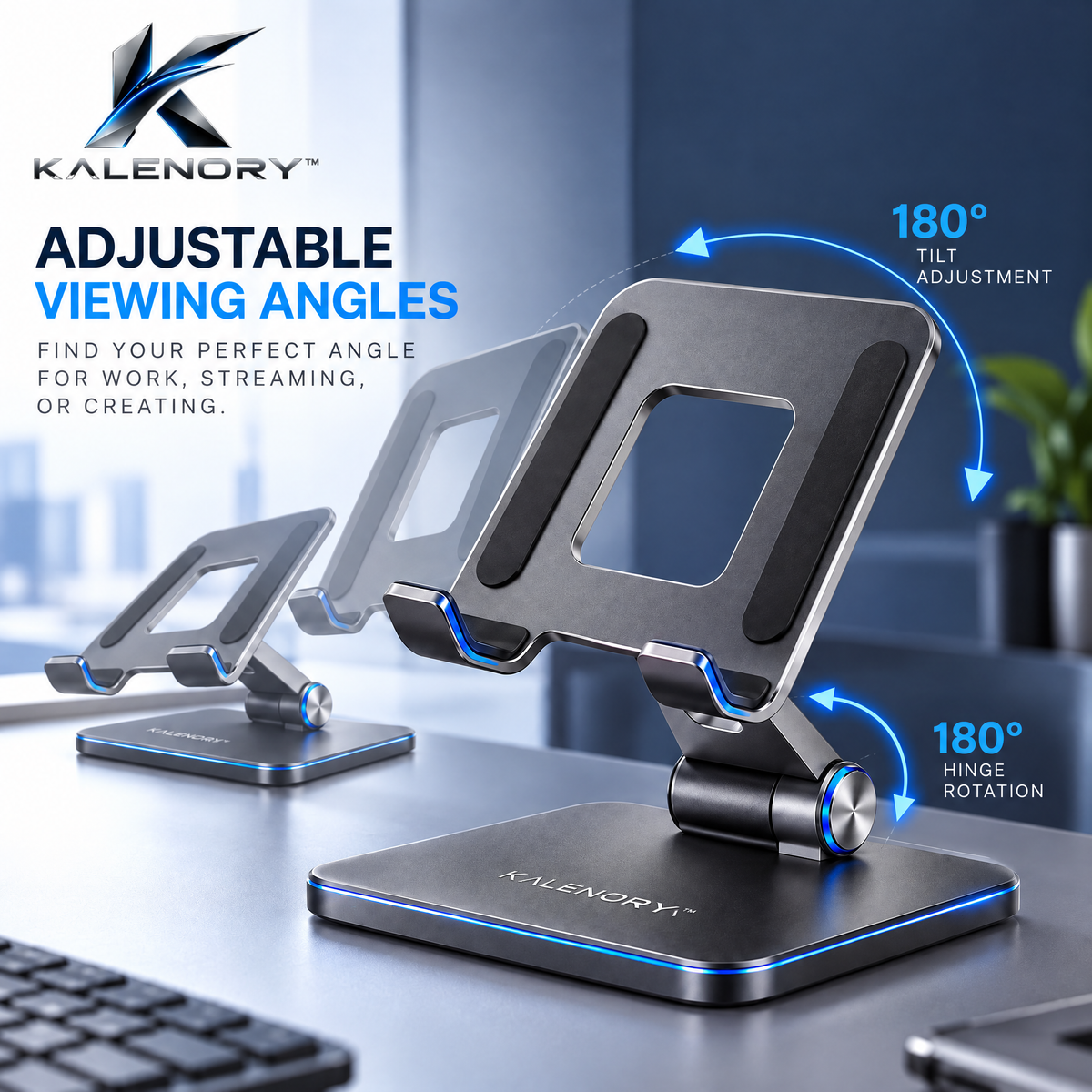 Kalrnory™ FlexView Adjustable Tablet Stand – 360° Rotating Desktop Holder for Work, Streaming, Video Calls & Everyday Use