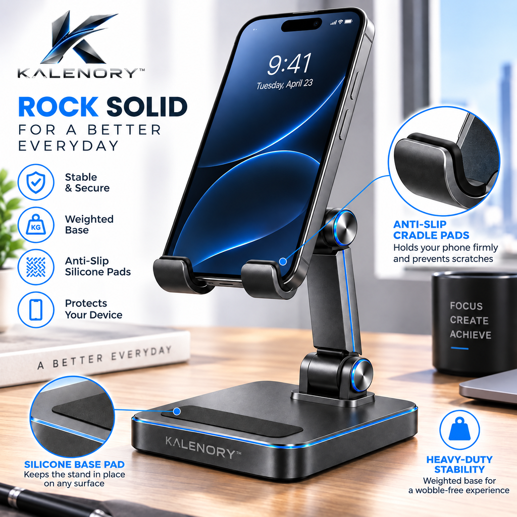 Kalrnory™ Adjustable Foldable Phone Stand – Multi-Angle Desktop Holder for Work, Video Calls, Streaming & Everyday Viewing