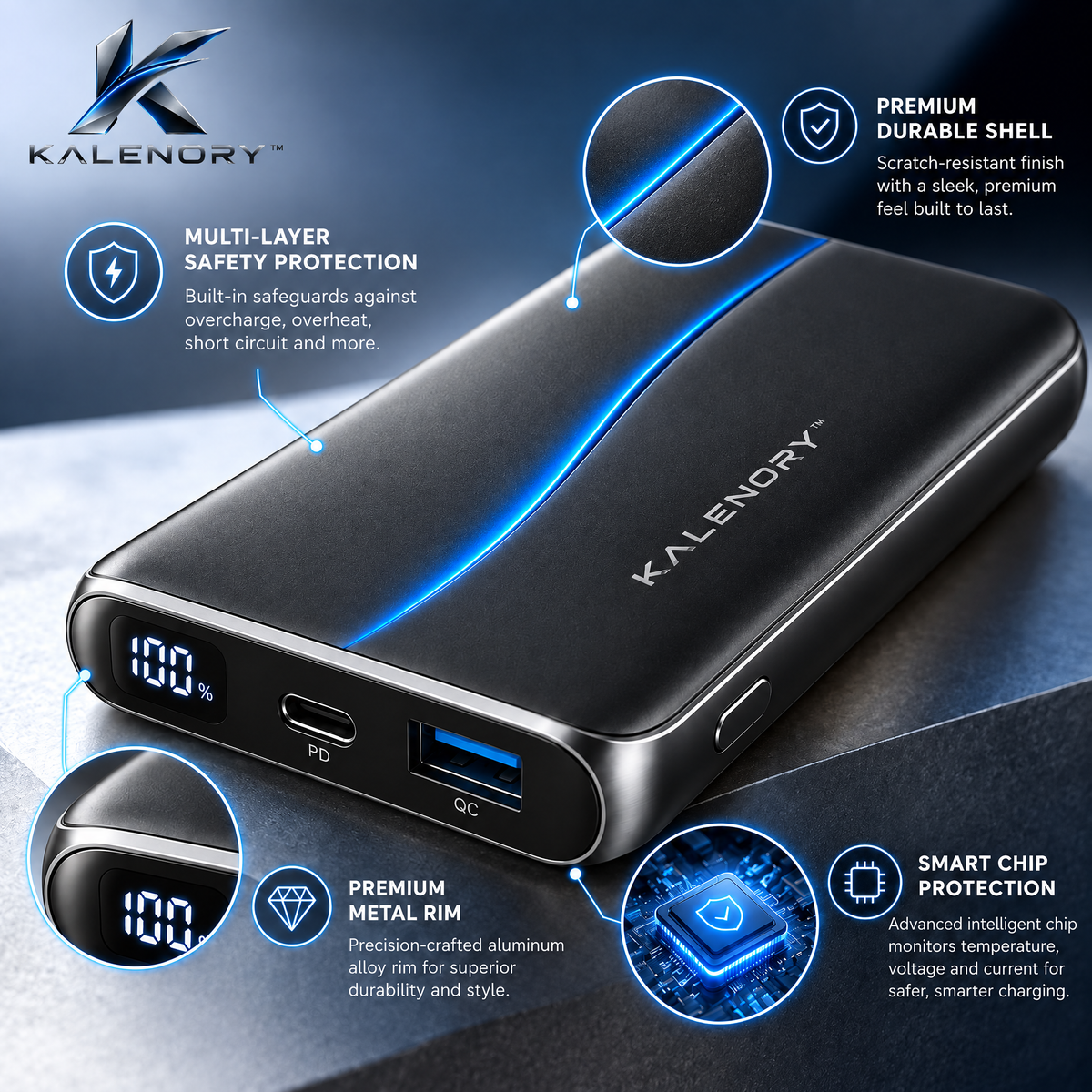 Kalrnory™ 10,000mAh Compact Portable Power Bank – 20W Fast-Charge Travel Battery with USB-C, Dual Output & Digital Power Display