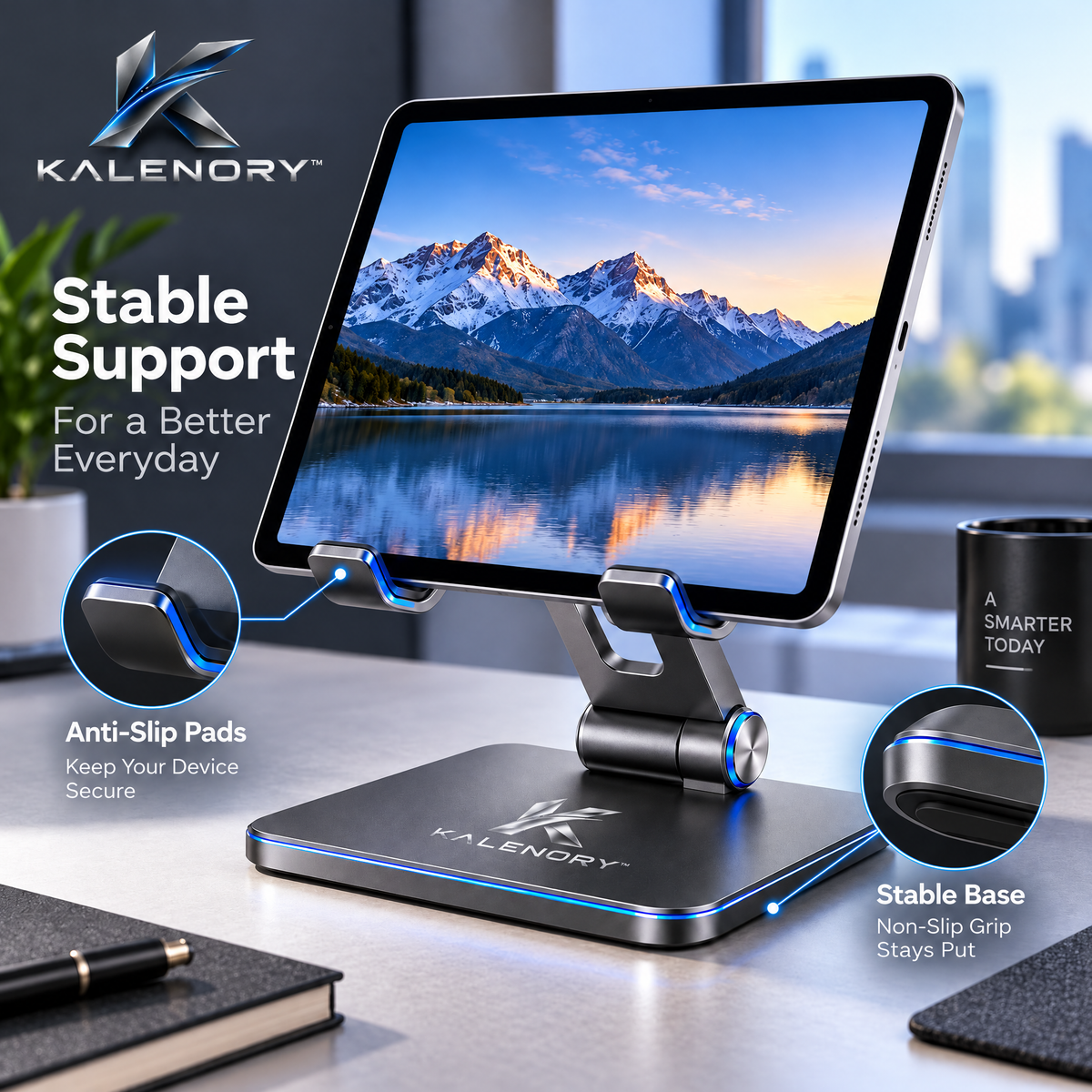 Kalrnory™ FlexView Adjustable Tablet Stand – 360° Rotating Desktop Holder for Work, Streaming, Video Calls & Everyday Use