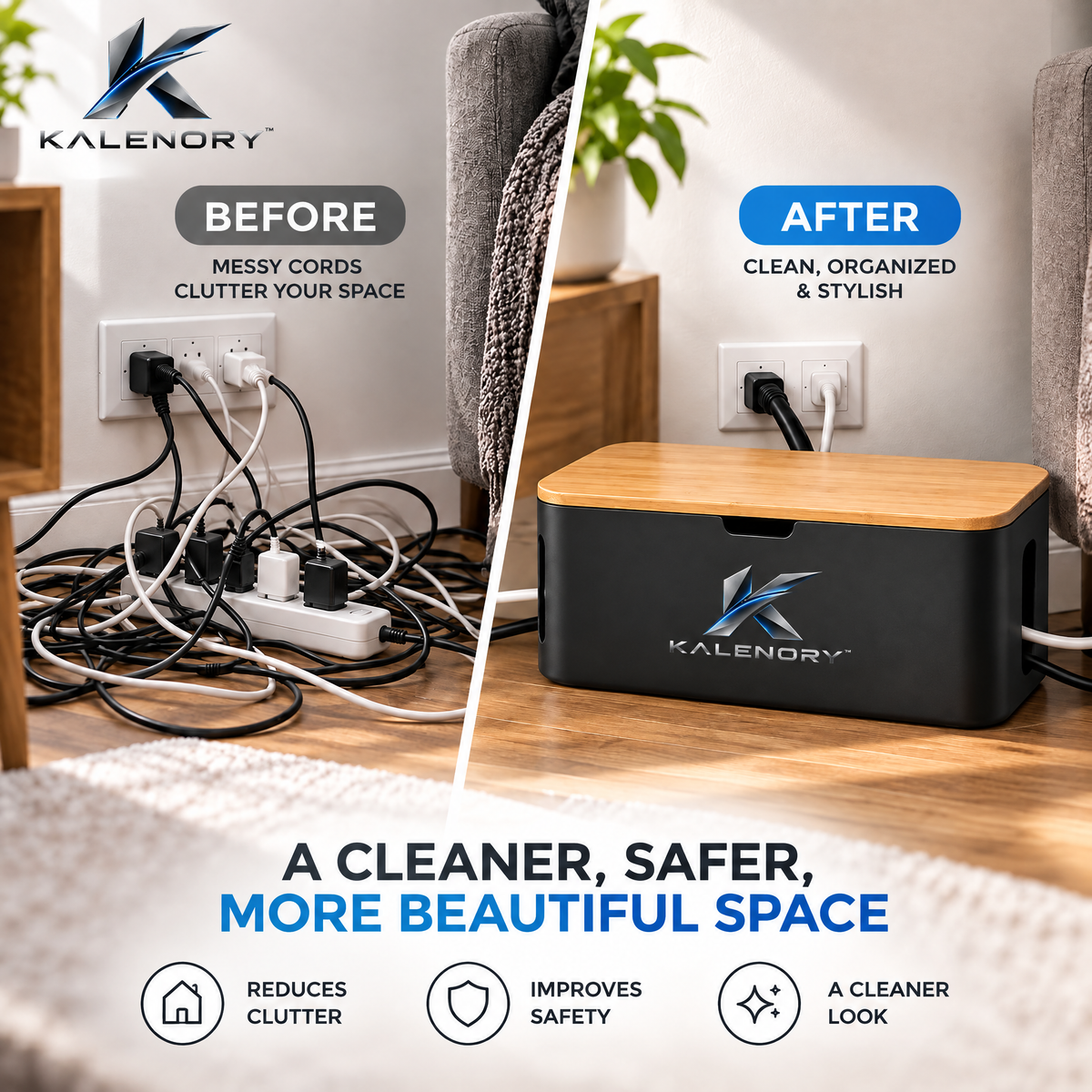 Kalrnory™ Cable Management Box – Power Strip & Cord Organizer with Ventilated Lid for Desks, Offices & Home Charging Areas